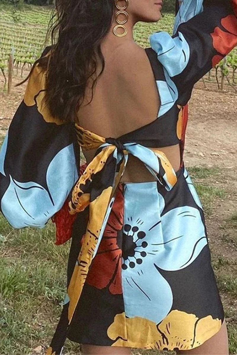 Street Print Lace Up Backless O Neck Wrapped Skirt Dresses