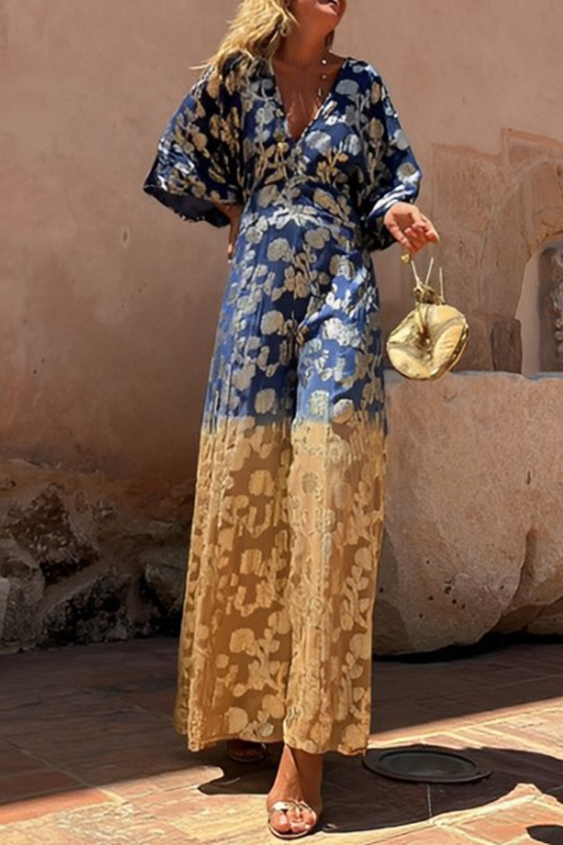 Daily Gradient Print Bronzing Pattern V Neck Loose Jumpsuits