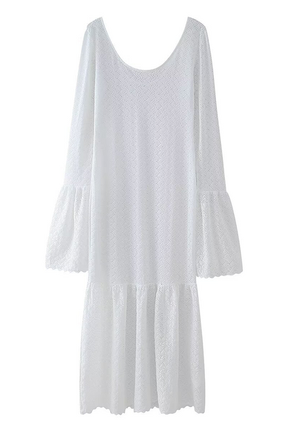 Color Embroidered Hollow Out U Neck One Step Skirt Dresses