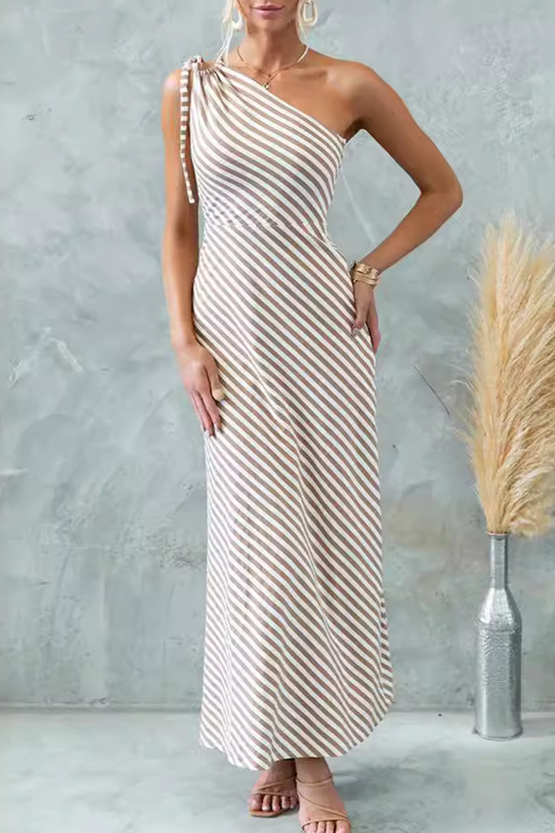 Daily Striped Print Lace Up Oblique Collar One Step Skirt Dresses