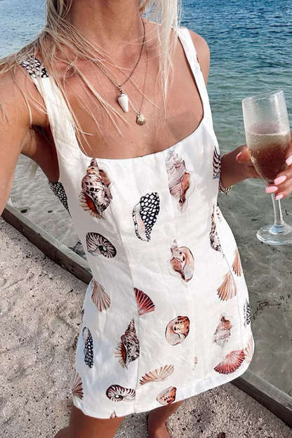 Vacation Graffiti Print U Neck Wrapped Skirt Dresses
