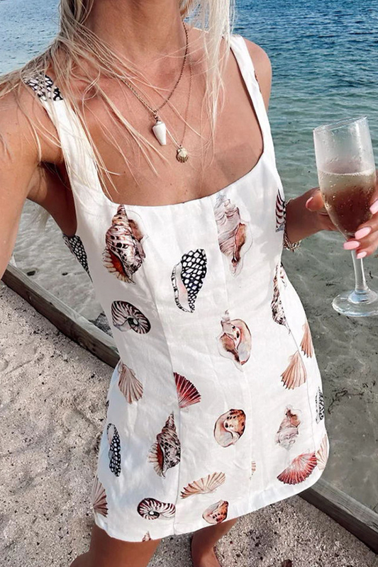 Vacation Graffiti Print U Neck Wrapped Skirt Dresses