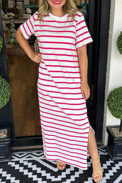 Striped Print Slit O Neck Long Dresses(6 Colors)