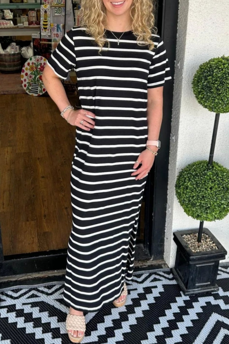 Striped Print Slit O Neck Long Dresses(6 Colors)