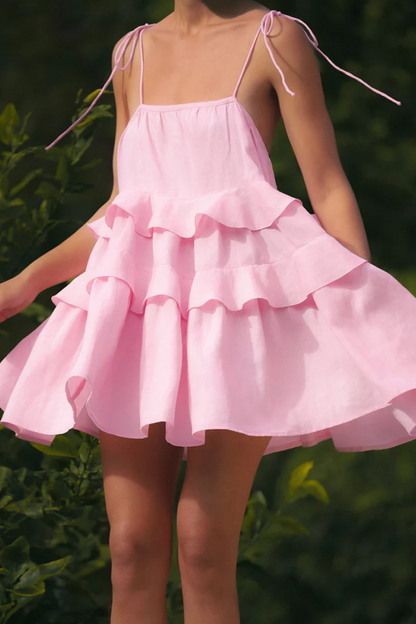 Color Lace Up U Neck Cake Skirt Dresses(3 Colors)