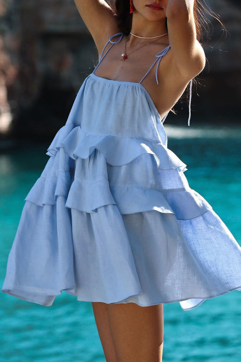 Color Lace Up U Neck Cake Skirt Dresses(3 Colors)