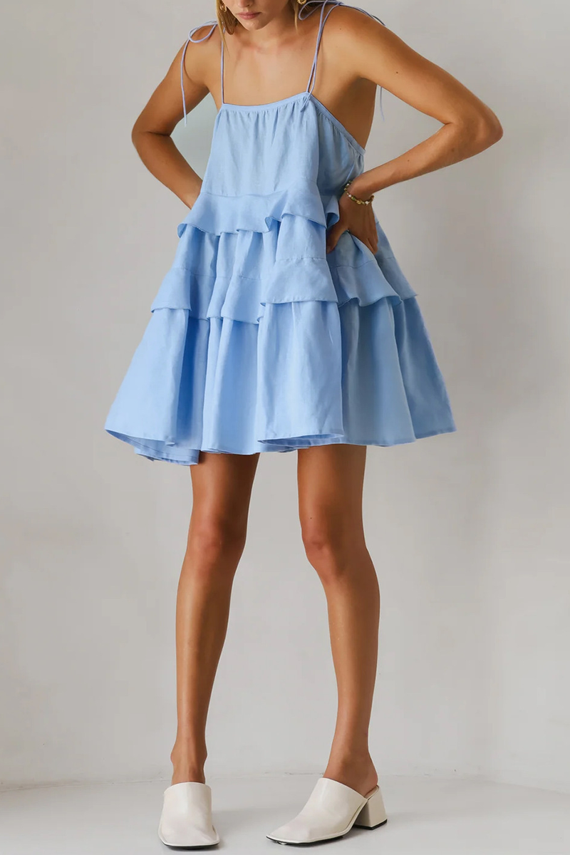 Color Lace Up U Neck Cake Skirt Dresses(3 Colors)