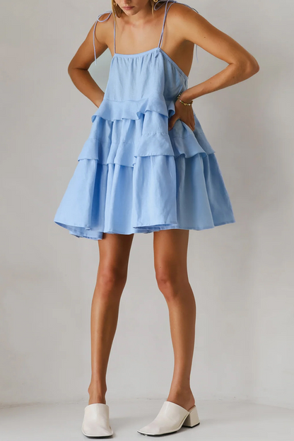Color Lace Up U Neck Cake Skirt Dresses(3 Colors)