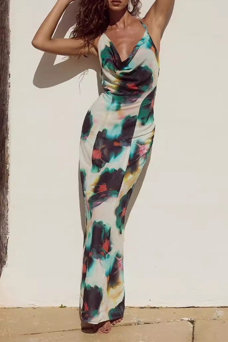 Print Lace Up Backless Halter One Step Skirt Dresses
