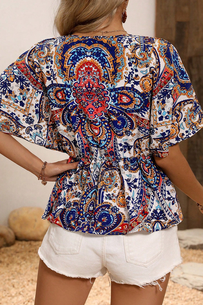 National Totem Print Ruffle V Neck Blouses