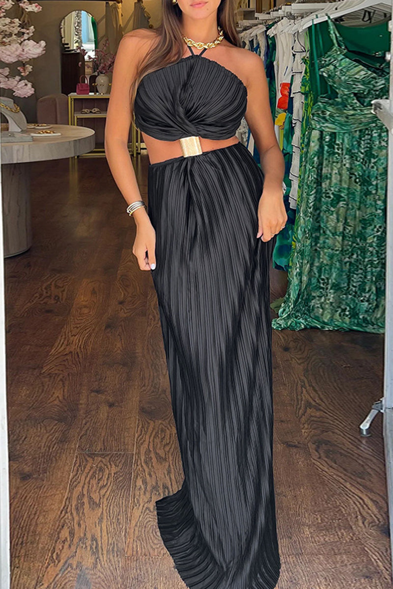 Celebrities Color Hollow Out Patchwork Backless Ruched Halter Long Dresses(3 Colors)