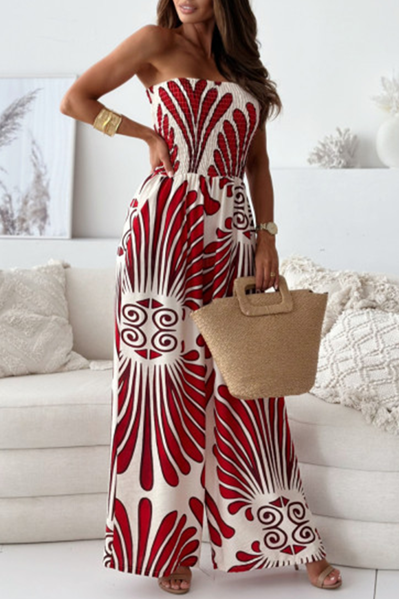 Street Striped Print Pocket Contrast Strapless Loose Jumpsuits(4 Colors)