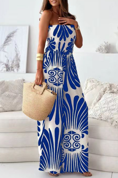 Street Striped Print Pocket Contrast Strapless Loose Jumpsuits(4 Colors)