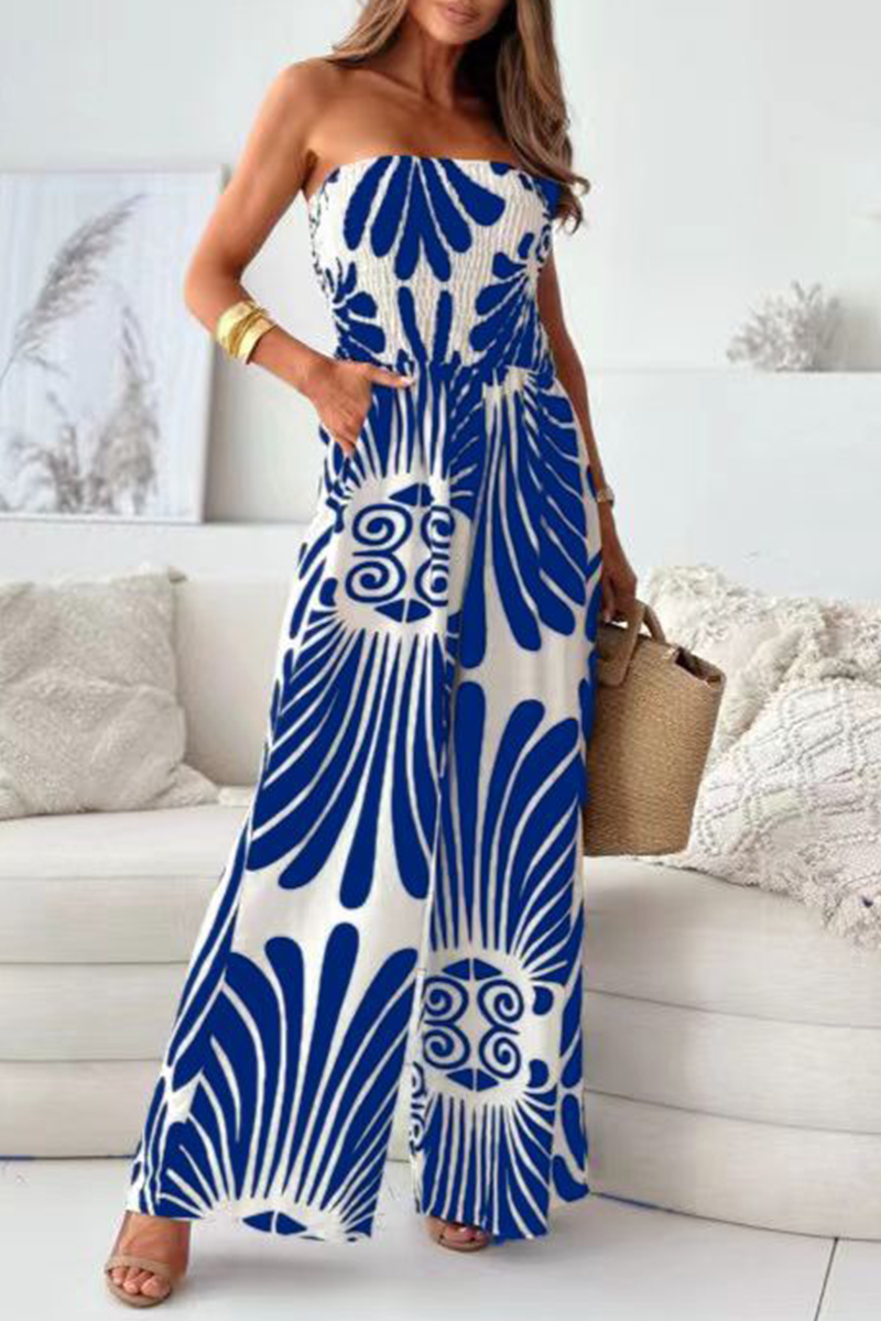 Street Striped Print Pocket Contrast Strapless Loose Jumpsuits(4 Colors)
