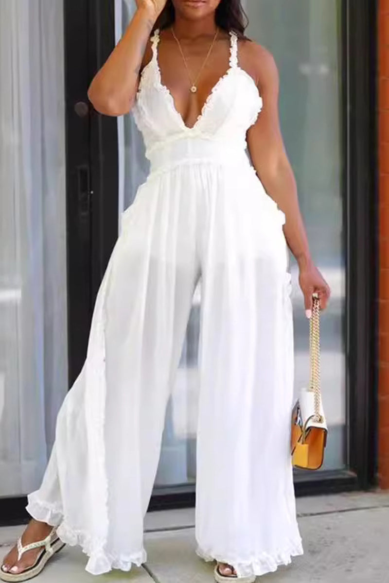 Celebrities Color Patchwork Backless V Neck Loose Jumpsuits(3 Colors)