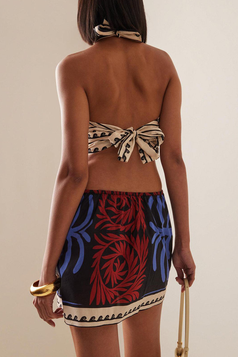 Vacation Plants Print Lace Up Backless Halter One Step Skirt Dresses