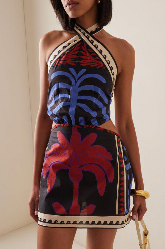 Vacation Plants Print Lace Up Backless Halter One Step Skirt Dresses