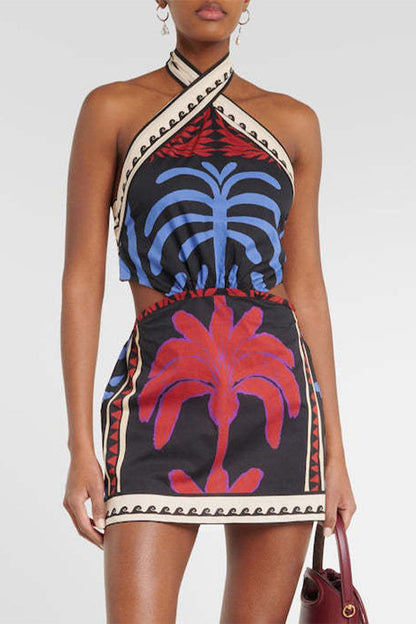 Vacation Plants Print Lace Up Backless Halter One Step Skirt Dresses