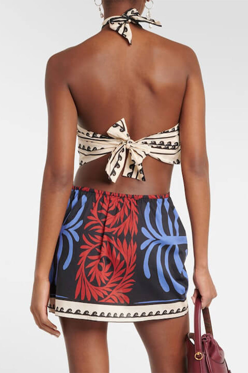 Vacation Plants Print Lace Up Backless Halter One Step Skirt Dresses