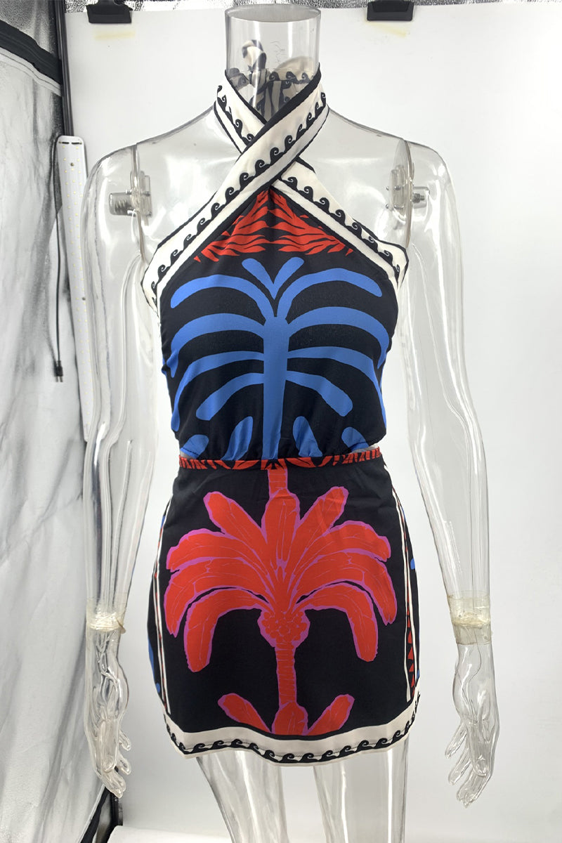 Vacation Plants Print Lace Up Backless Halter One Step Skirt Dresses