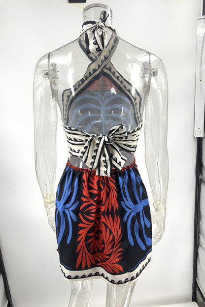 Vacation Plants Print Lace Up Backless Halter One Step Skirt Dresses