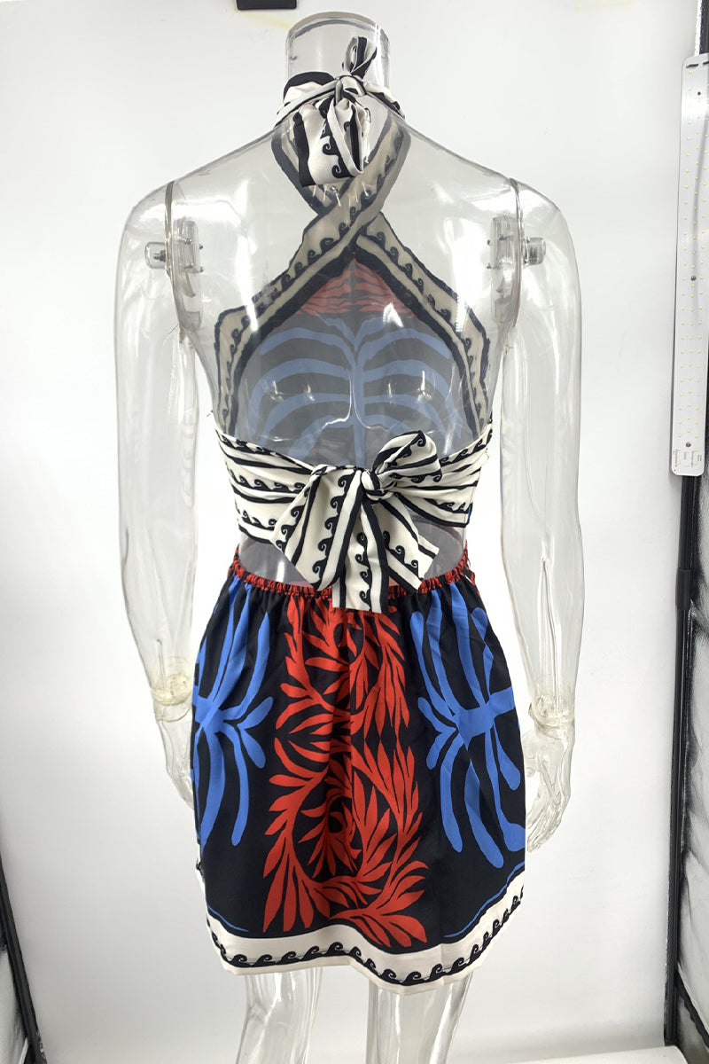 Vacation Plants Print Lace Up Backless Halter One Step Skirt Dresses
