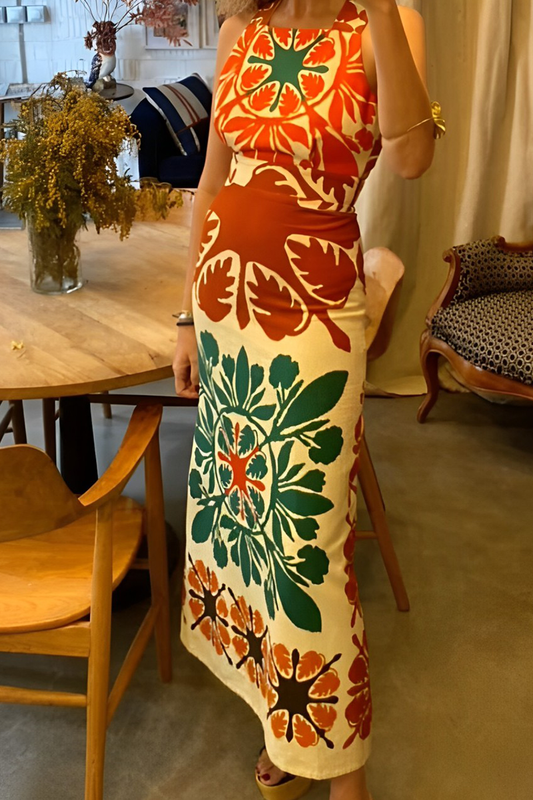 Geometric Print Patchwork Backless Square Neck One Step Skirt Dresses