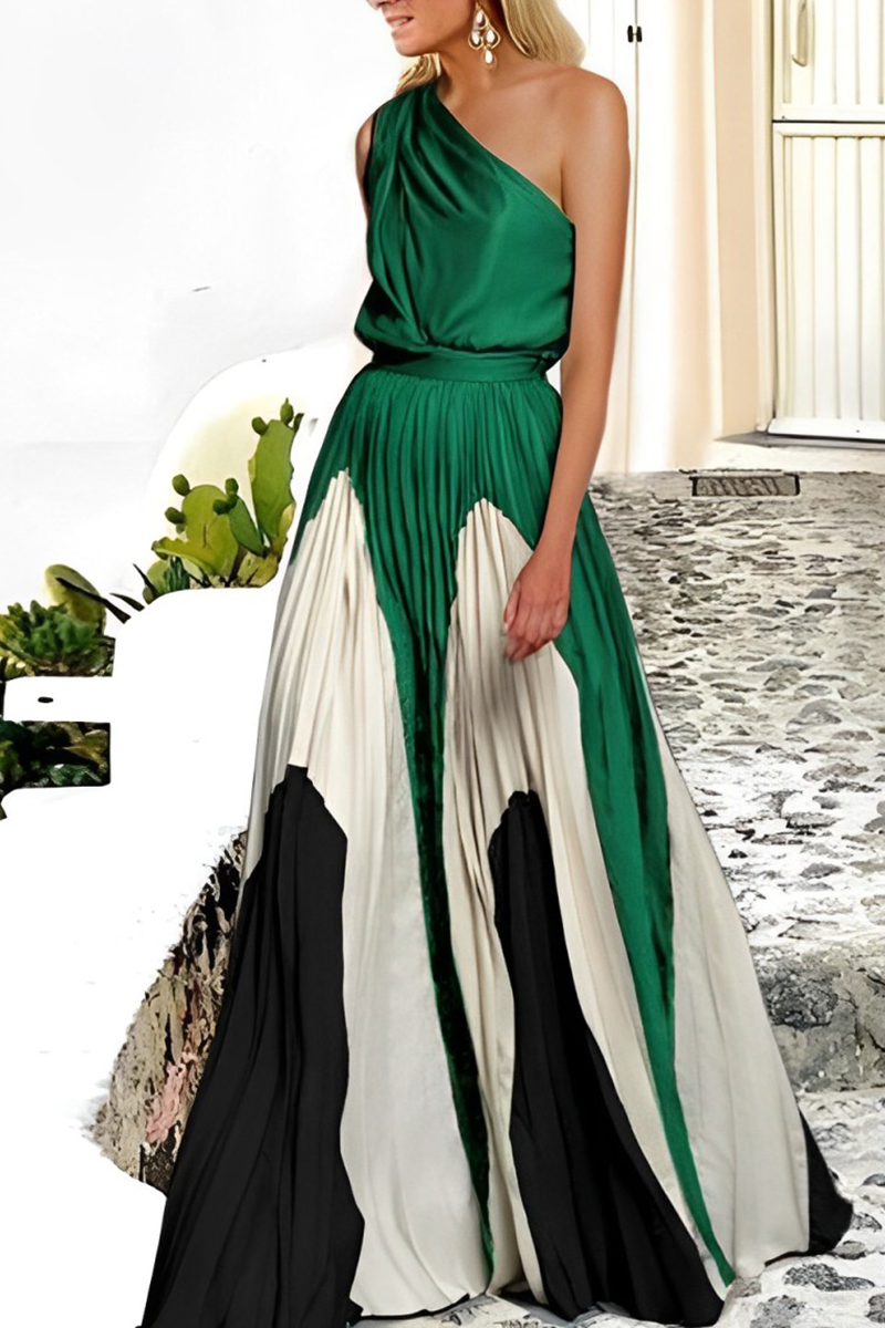 Patchwork Contrast Oblique Collar Waist Skirt Dresses(7 Colors)