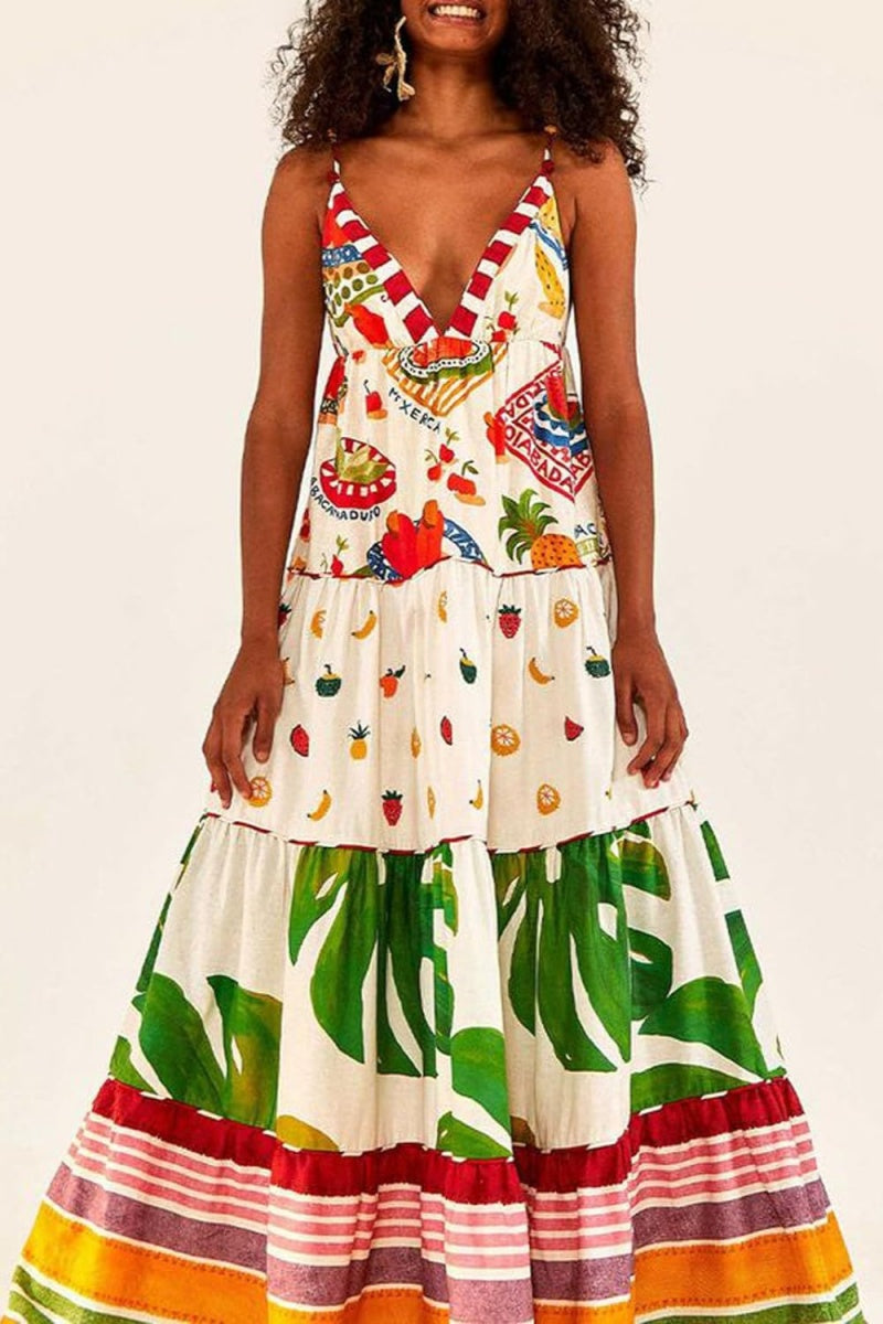 Print Backless Deep V Neck Long Dresses