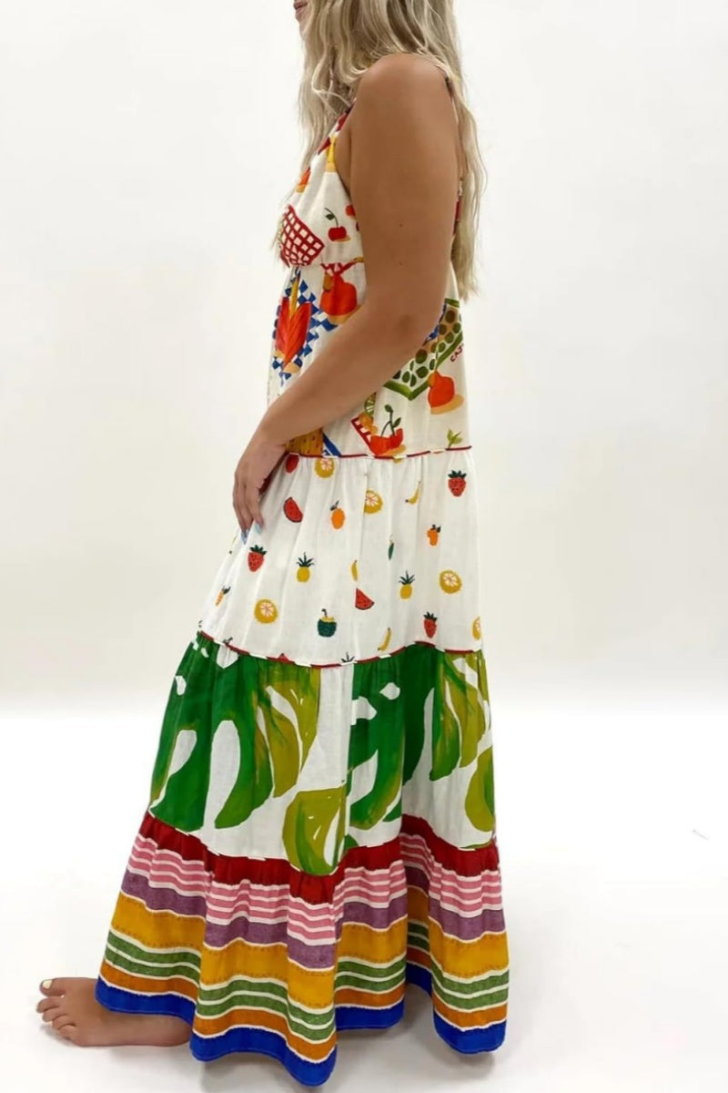 Print Backless Deep V Neck Long Dresses