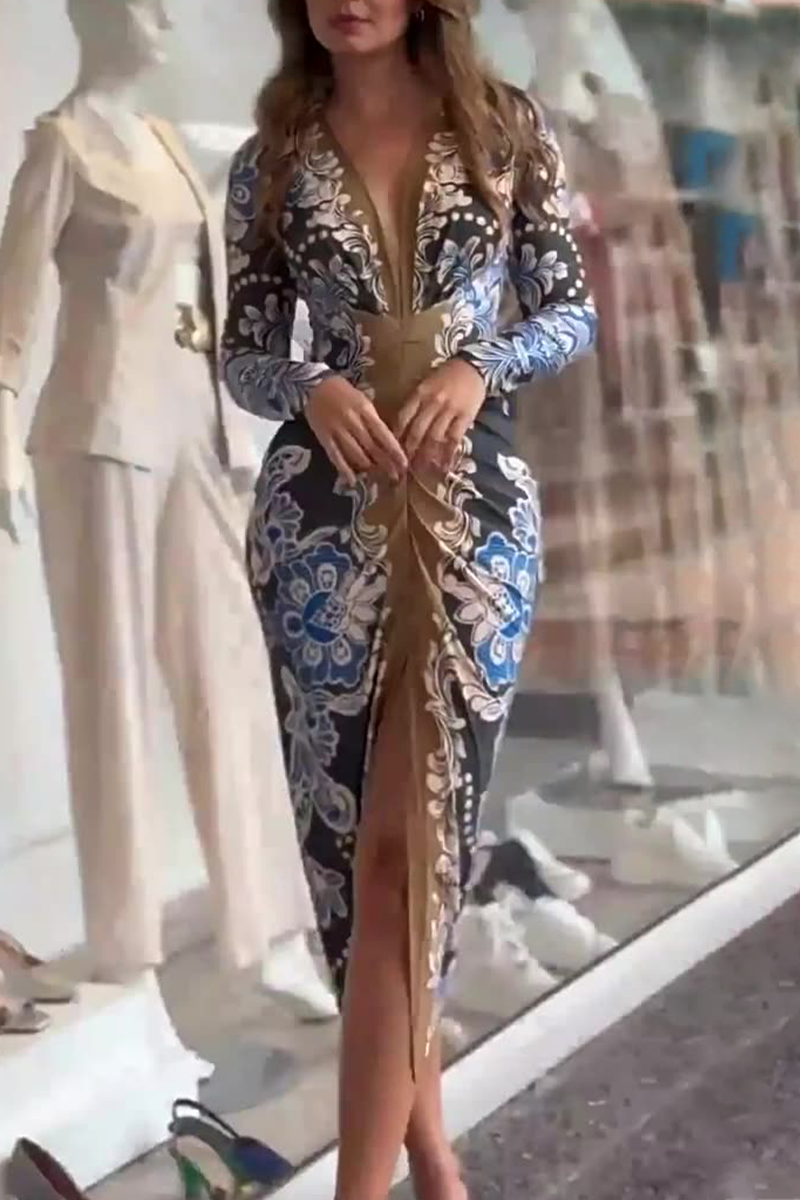 Print Slit Ruched Contrast V Neck Wrapped Skirt Dresses