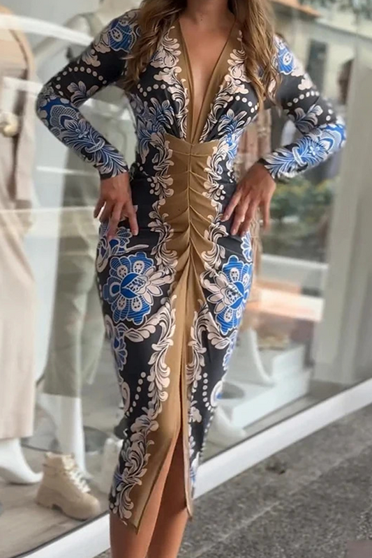 Print Slit Ruched Contrast V Neck Wrapped Skirt Dresses