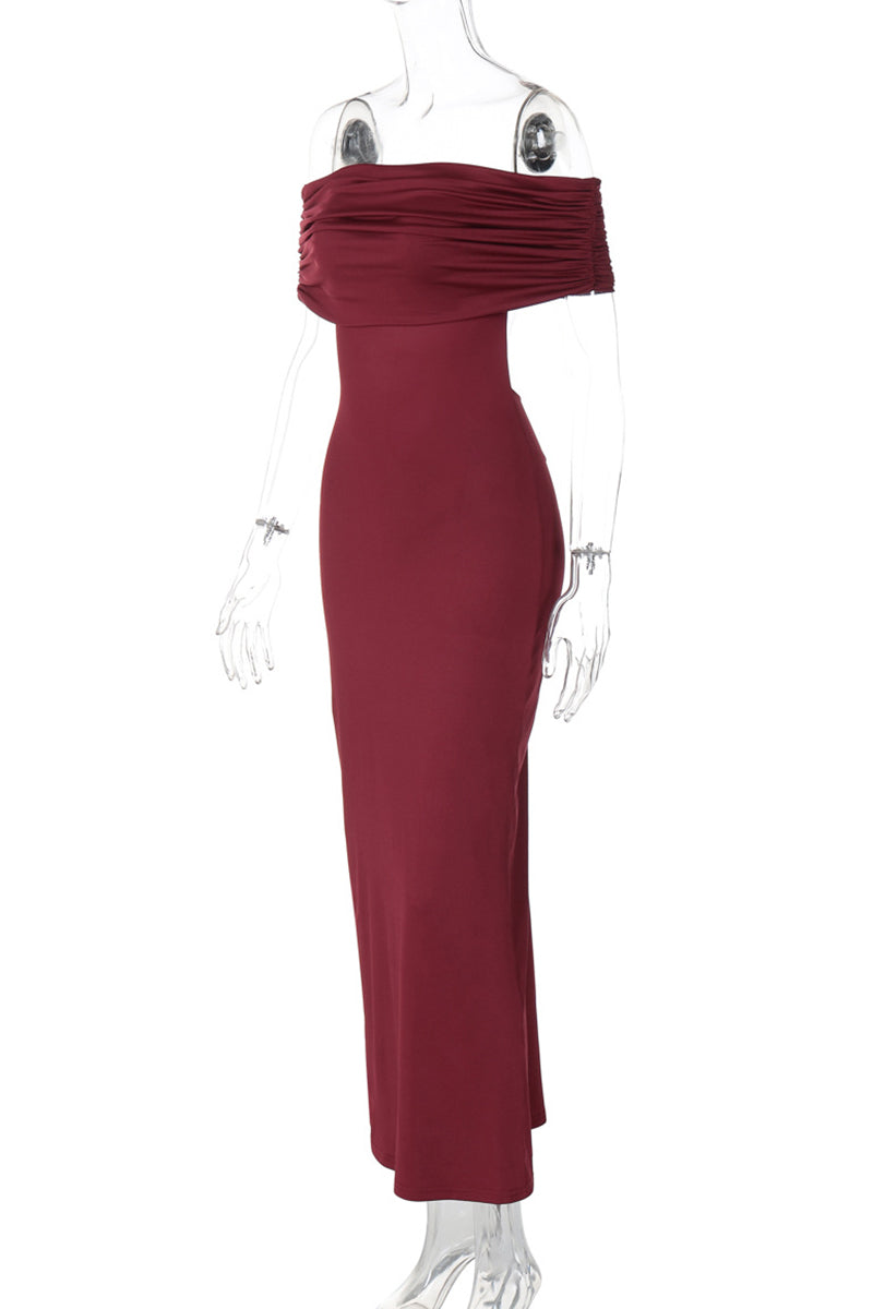 Celebrities Color Hollow Out Patchwork Backless Ruched Off Shoulder Long Dresses