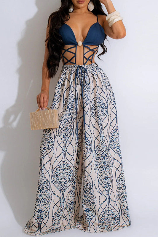 Print Hollow Out Patchwork Backless Spaghetti Strap Loose Jumpsuits