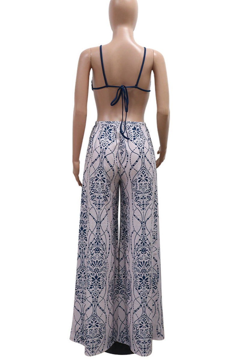Print Hollow Out Patchwork Backless Spaghetti Strap Loose Jumpsuits