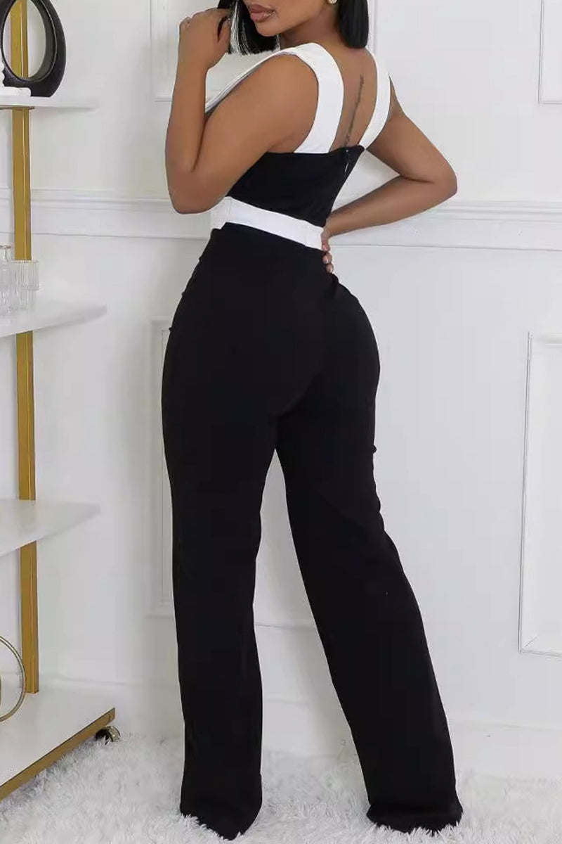 Hollow Out Patchwork Backless V Neck Regular Jumpsuits