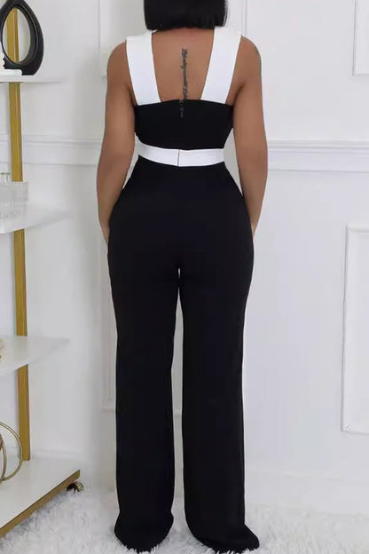 Hollow Out Patchwork Backless V Neck Regular Jumpsuits