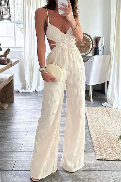 Color Backless Texture V Neck Jumpsuits