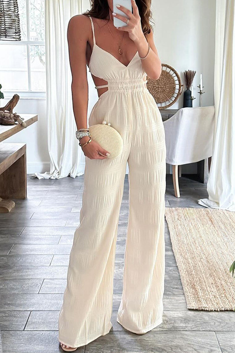 Color Backless Texture V Neck Jumpsuits
