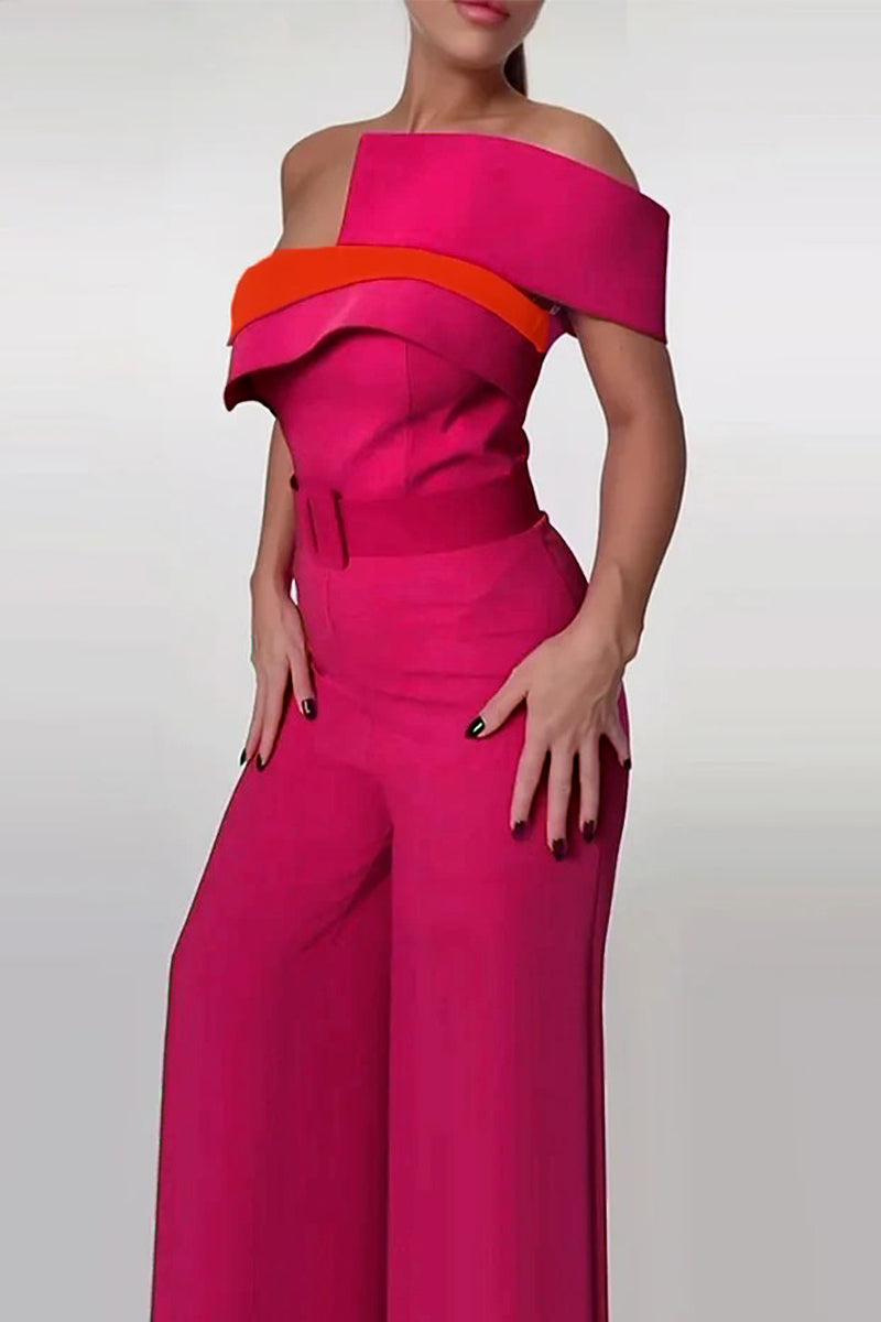 Colorblock Patchwork With Belt Irregular Contrast Strapless Regular Jumpsuits