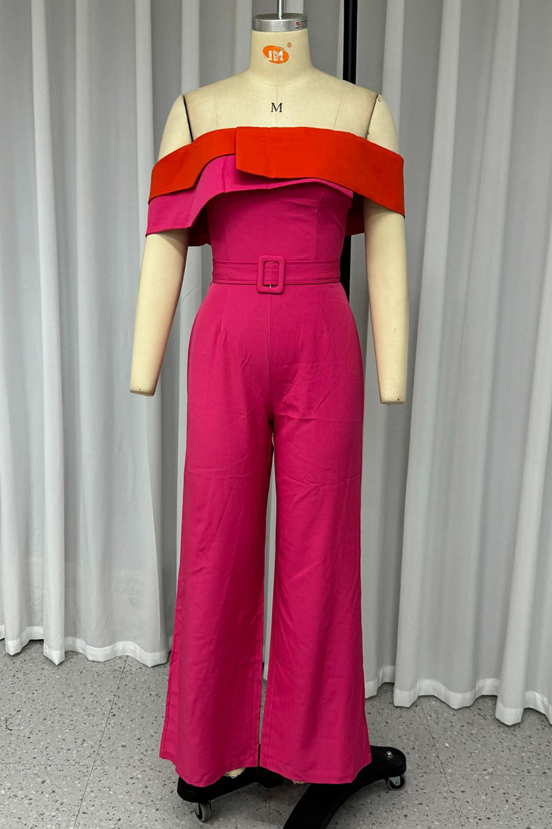 Colorblock Patchwork With Belt Irregular Contrast Strapless Regular Jumpsuits