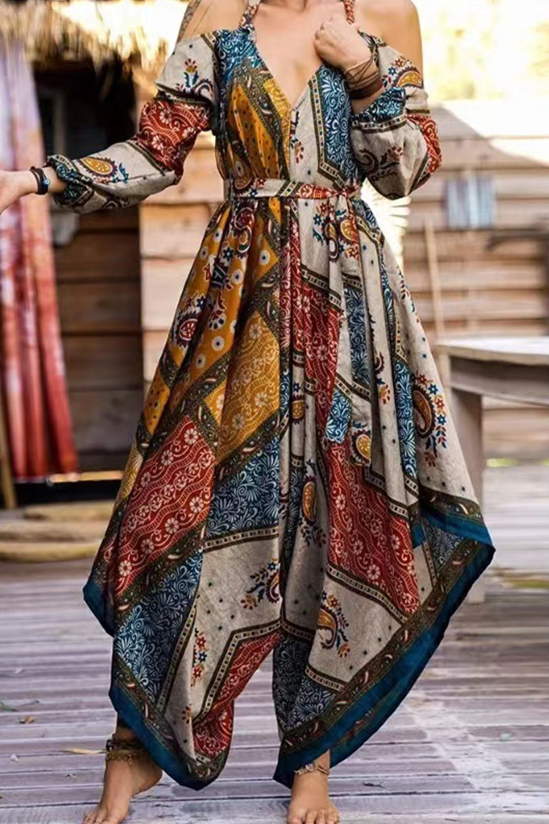 Street National Totem Print V Neck Loose Jumpsuits