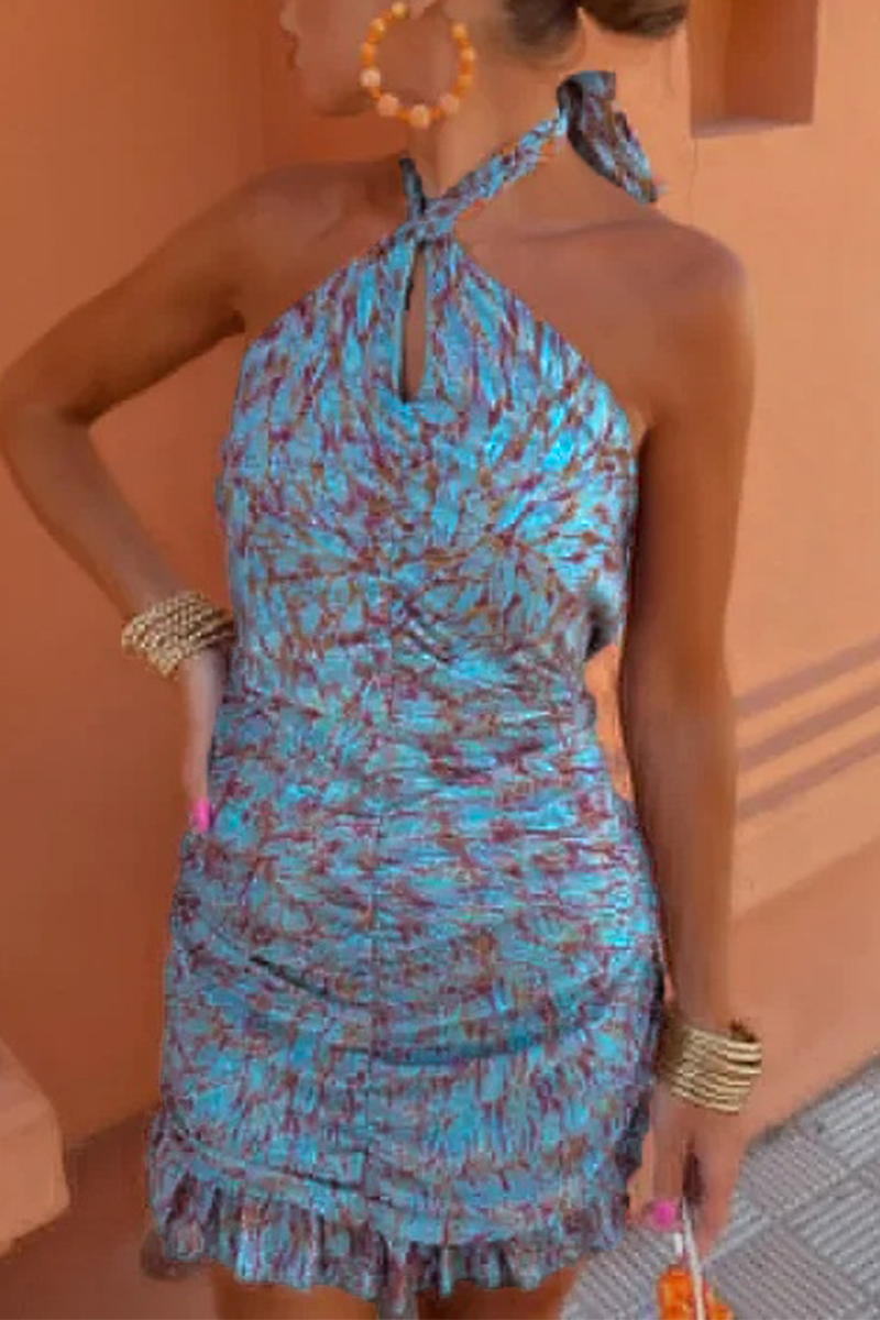 Geometric Print Lace Up Contrast Halter One Step Skirt Dresses