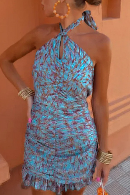 Geometric Print Lace Up Contrast Halter One Step Skirt Dresses