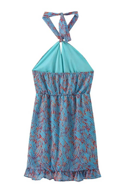 Geometric Print Lace Up Contrast Halter One Step Skirt Dresses