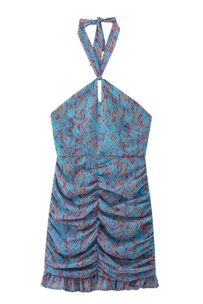 Geometric Print Lace Up Contrast Halter One Step Skirt Dresses