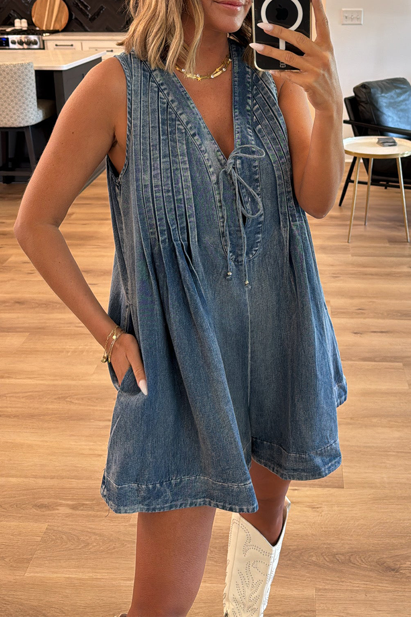 Daily Color Distressed Lace Up V Neck Sleeveless Loose Denim Jumpsuits