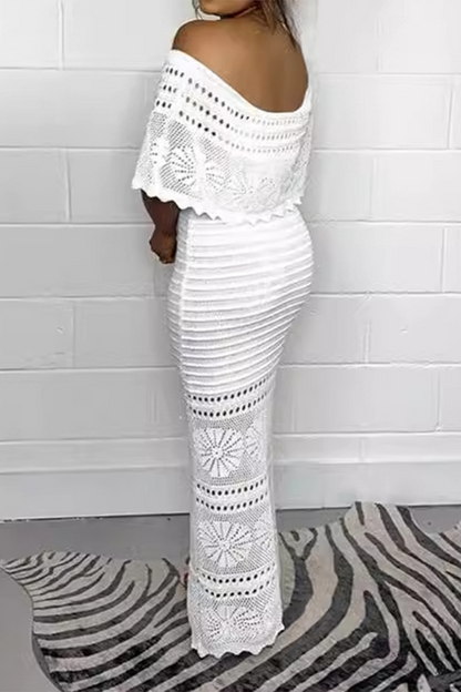 Color Hollow Out Weave Off Shoulder One Step Skirt Dresses