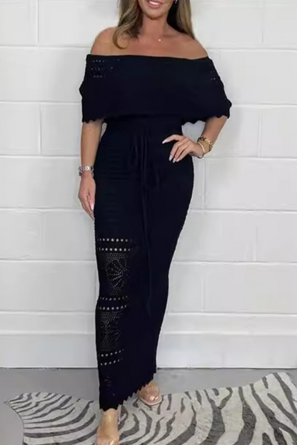 Color Hollow Out Weave Off Shoulder One Step Skirt Dresses
