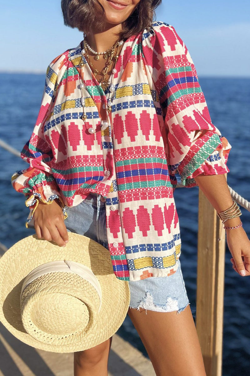 Vacation Geometric Print Buttons V Neck Blouses